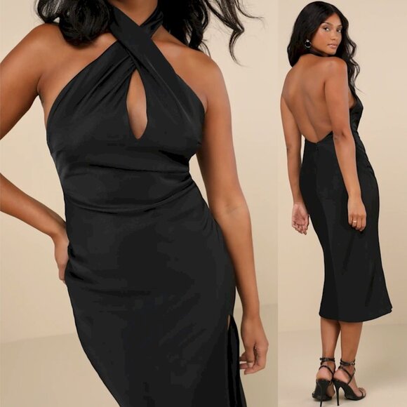 Beyond Classy Black Satin Halter Midi Dress by Lulus Size Large NWOT - Picture 2 of 16